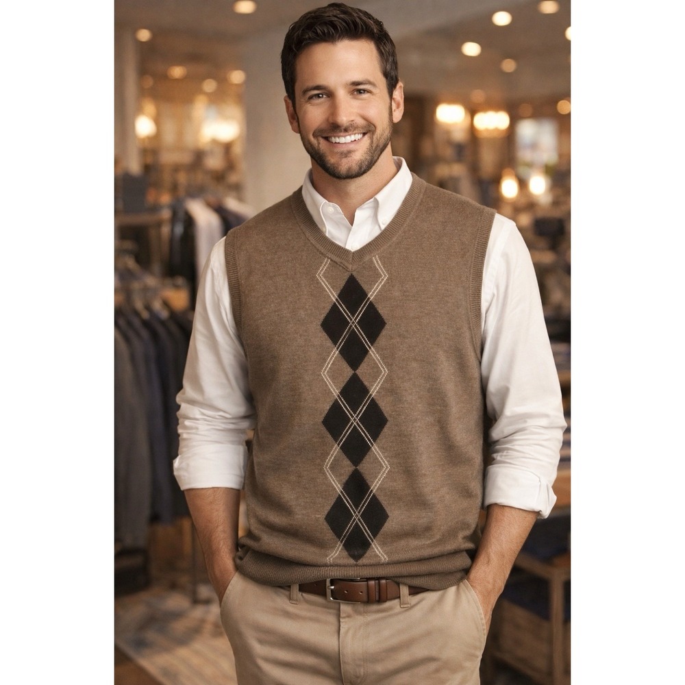 Dockers Sweater Vest Men's Sz XL Brown Tan Argyle Golf Sleeveless Acrylic Casual